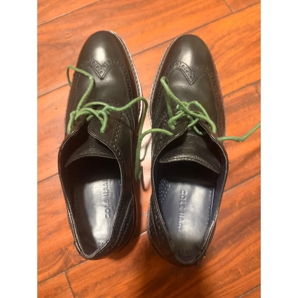 Cole Haan Mens Black Leather Wingtip Oxford Dress Shoes Green Laces  9.5 M